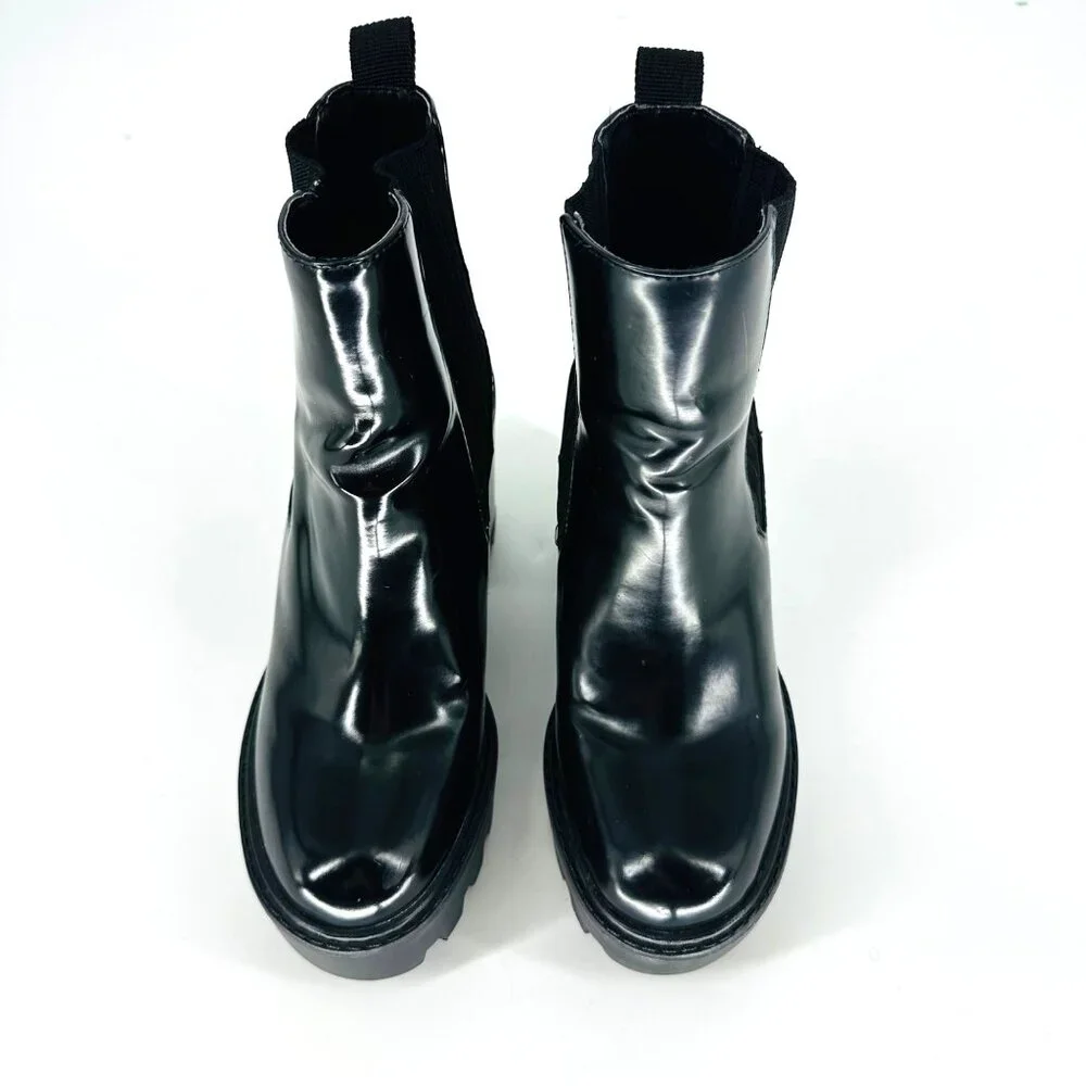 Zara Womens Black Glossy Leather Chunky Heel Chelsea Ankle Boots Size 36 EU - Picture 4 of 11